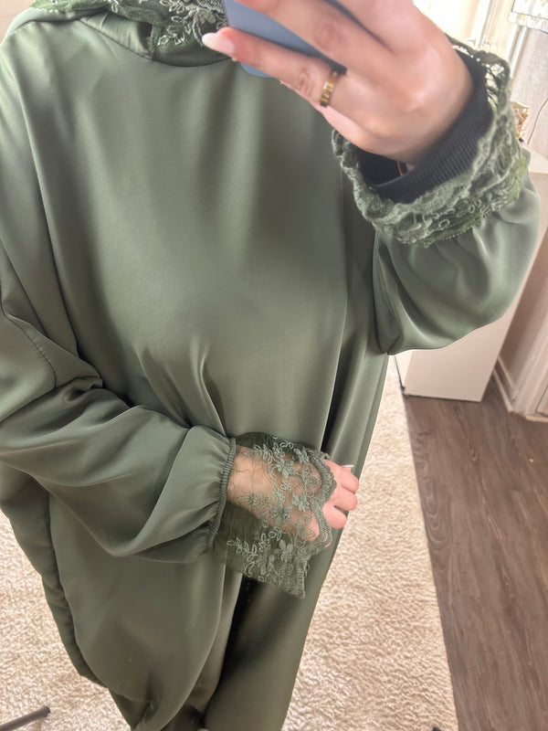Abaya à dentelles voile intégré - kaki
